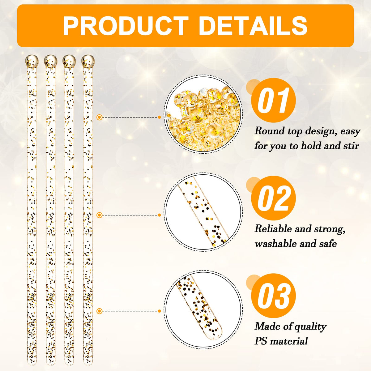 500 Pcs Gold Glitter Plastic Swizzle Sticks Crystal Cake Pops Disposable Cocktail Stir Sticks Round Ball Top Stirrers Gold Lollipop Stick for Drinks Coffee Cocktail, 7.28 Inches