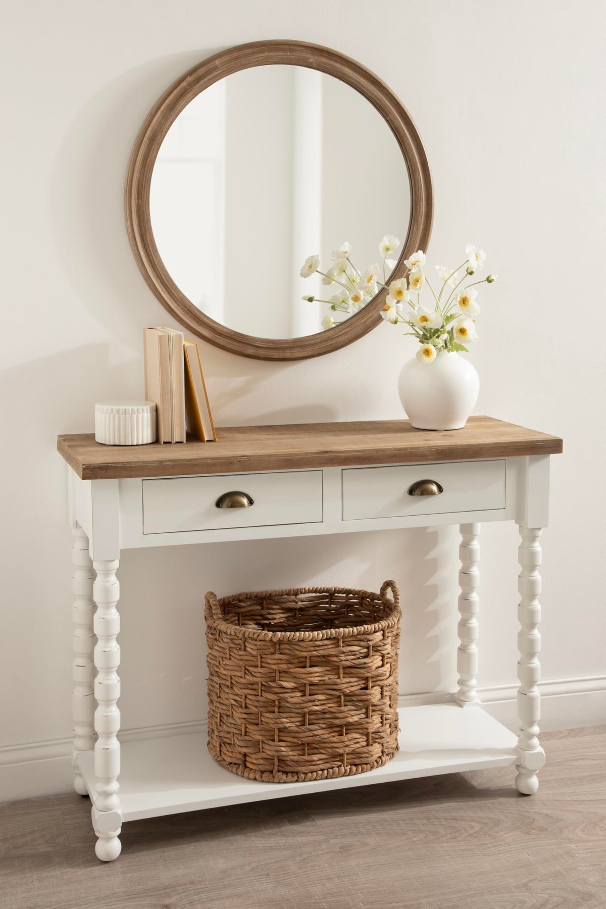 Kate and Laurel Rutledge Coastal Wooden Console Table with Shelf; 40 x 14 x 33; Hazelnut and White; Traditional Wood Entryway Table with Drawers and Decorative Turned Legs for Entry Storage Options