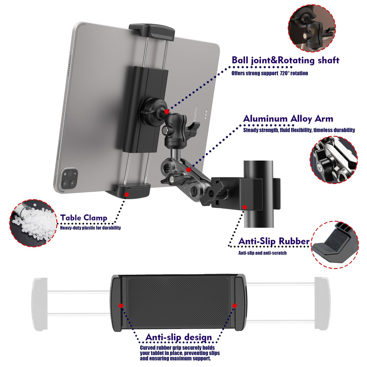 VasSmtCPH Tablet Holder for Treadmil Indoor Cycle Elliptical Spin Bike Peloton Music Stand 360° Adjustable Super Crab Handlebar Climp Mount Compitable with 4.7~12.9" iPad Switch iPhone e-Reader