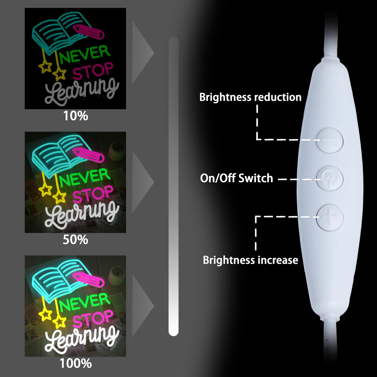 AEHEMNGZ Read Books Neon Sign Led Never Stop Learning Light Up Sign for Wall Decor Dimmable Positive Reading Book Neon Classroom Sign for Learning Room Bookstore Study Room Library