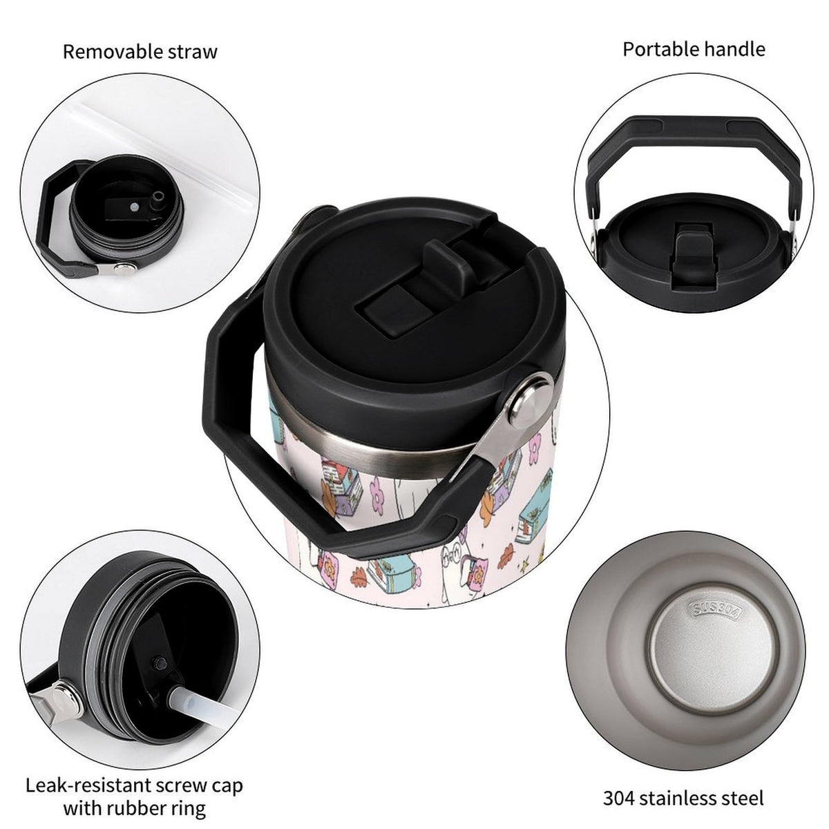 TOUNHEYA Halloween Tumbler with Handle Flip Straw Pink 30oz Insulated Stainless Steel Cup Ghost Reading Book Travel Coffee Mug Water Bottle for Women