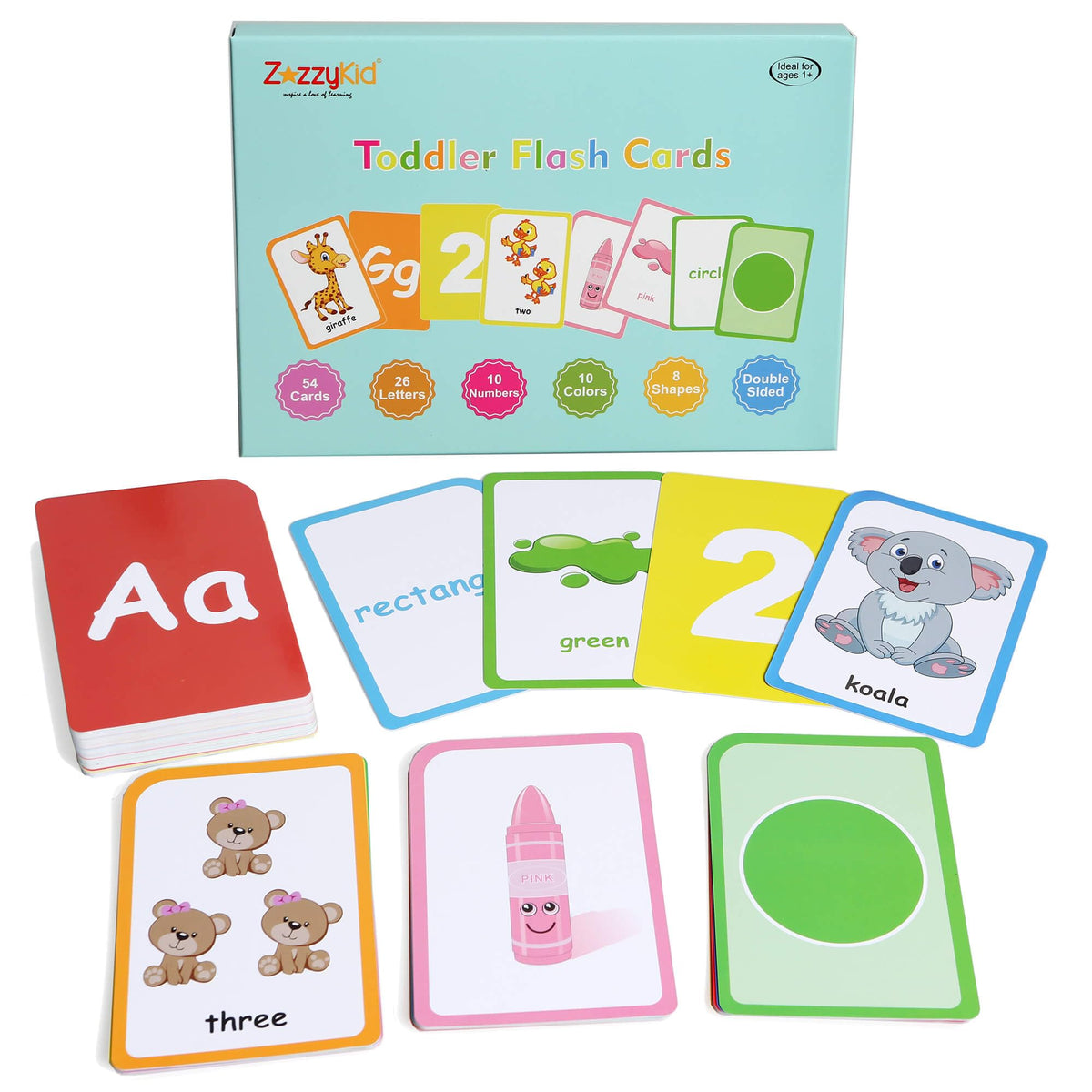 ZazzyKid Flash Cards for Toddlers Learning: 54 Double Sides Flashcards for Alphabets, Numbers, Colors, Shapes - Educational Toys for Preschool