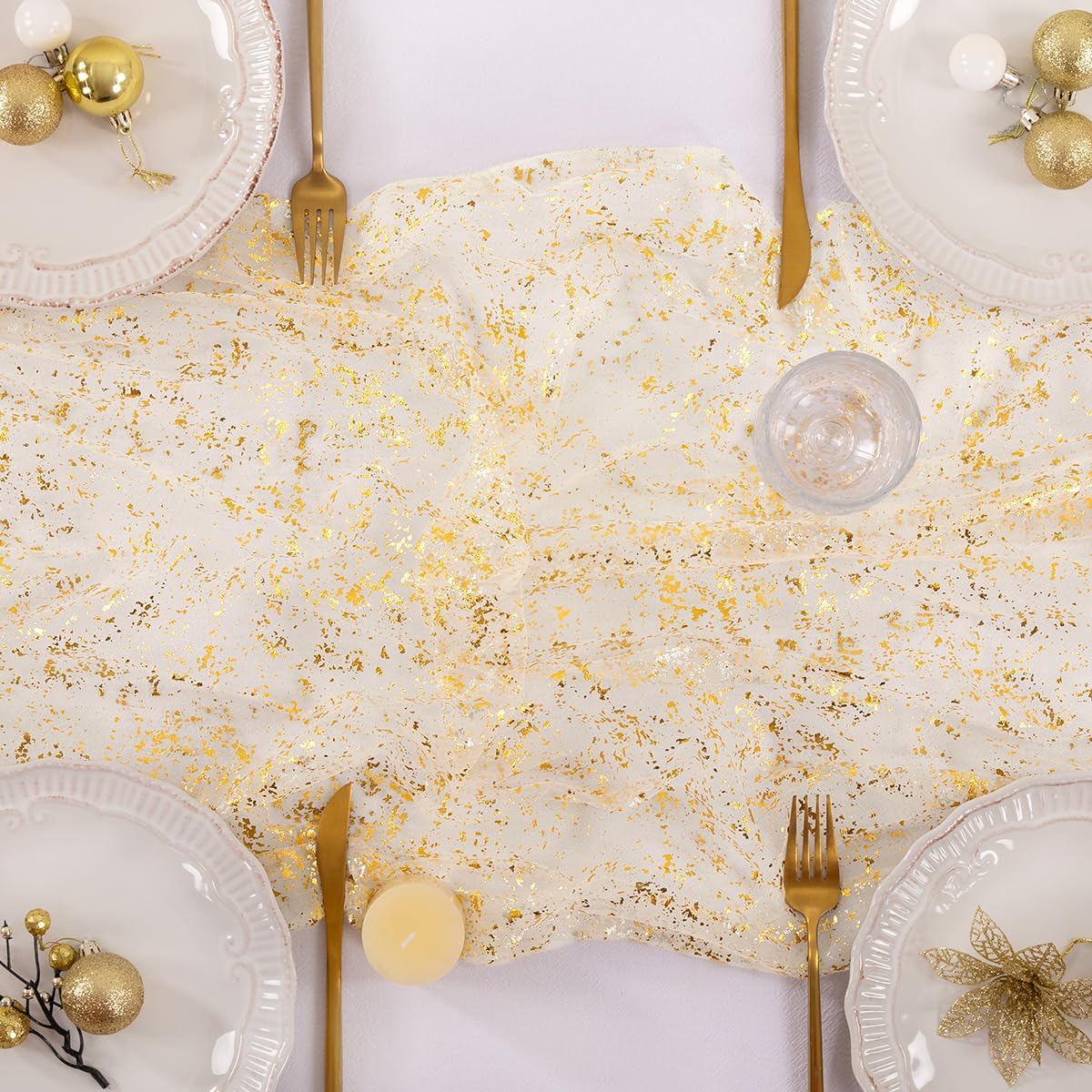 Socomi Gold Table Runner - Sheer Glitter Tulle for Weddings & Parties | 10FT Beige Centerpiece Decor
