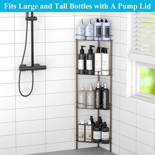 HuggieGems 4-Tier Floor Standing Corner Shower Caddy Organizer - Bronze Bathroom Shelf with Hooks