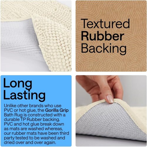 GORILLA GRIP Bath Rug Mat - Thick Soft Chenille, Quick-Dry Microfiber | 60x24 Inches, Ivory
