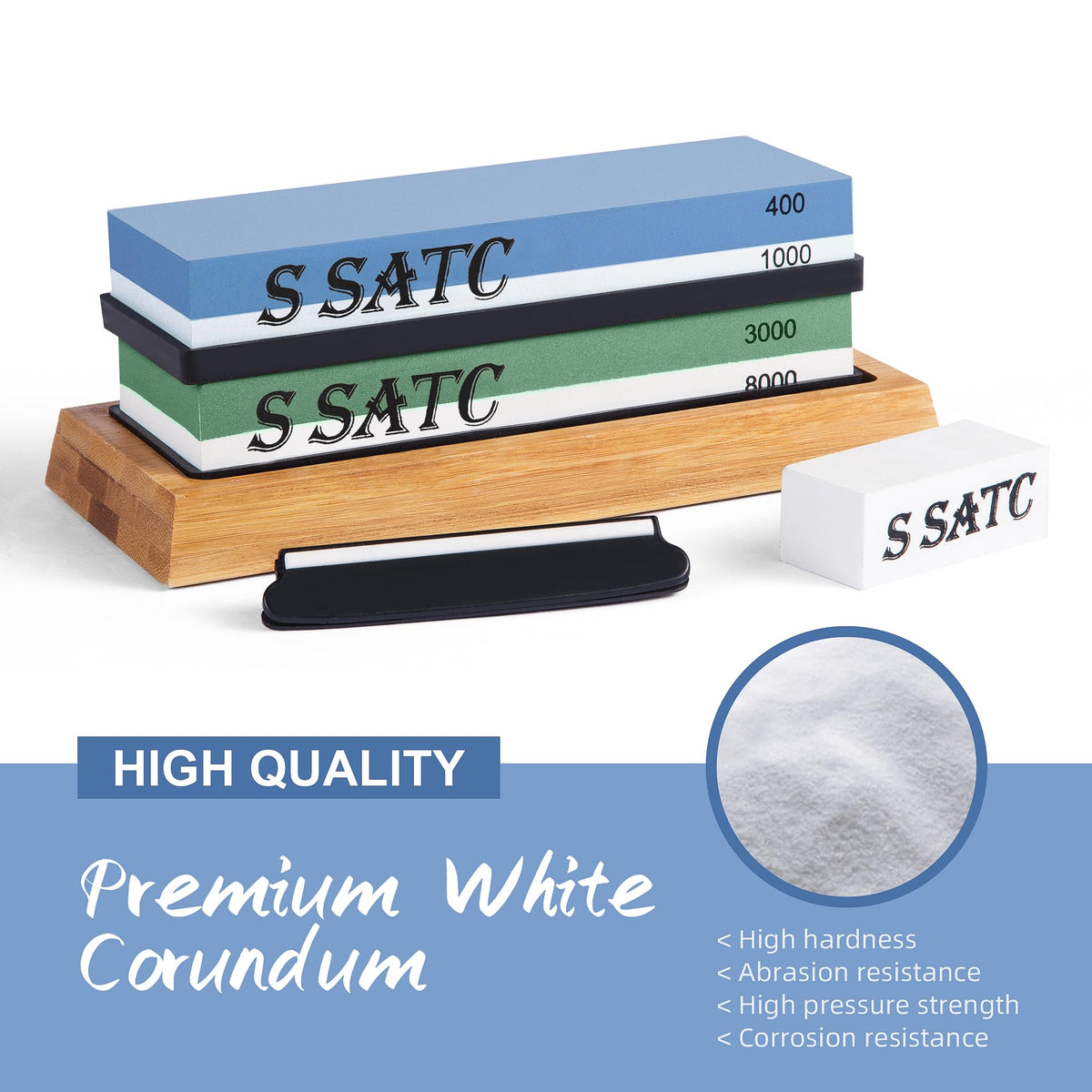 S SATC Knife Sharpening Stone Whetstone 4 Side Grit 400/1000 3000/8000 Stone Knife Sharpeners with Nonslip Rubber Bases, Wood Base, Flattening Stone, and Leather Strop