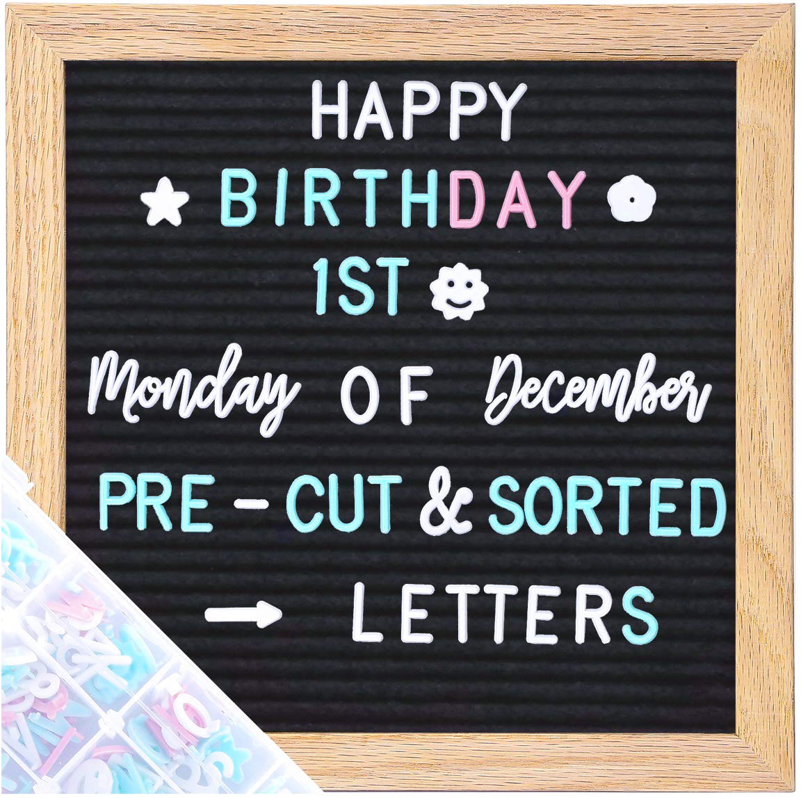 G GAMIT Felt Letter Board Message Board 10x10inch with Stand,Pre-cut&Sorted 805pcs Changeable Letters+Weeks &Months Cursive Words,Word board Sign board with Sorting Tray&Gift Box(Black)