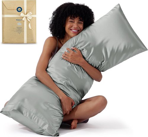 Bedsure Satin Body Pillowcase - Cooling Silk-Like Cover for Hair & Skin | Grey, 20x54 Inches