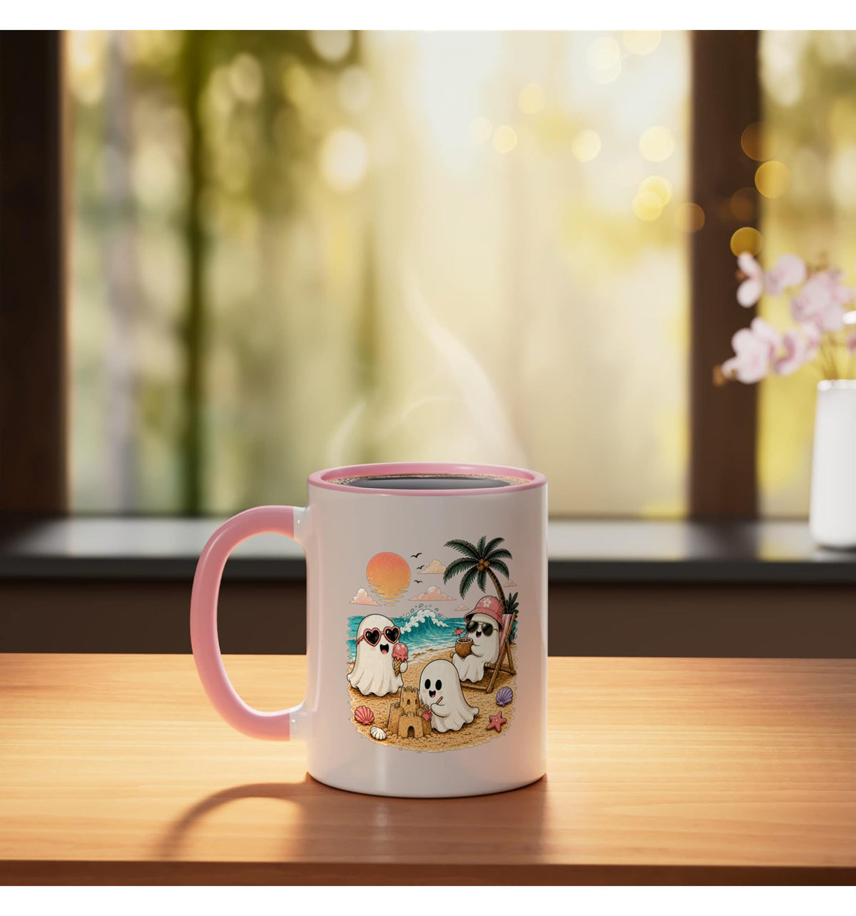 Summerween Ghost Beach Cute Ghosts Summer Halloween Ceramic Mug, Pink/White