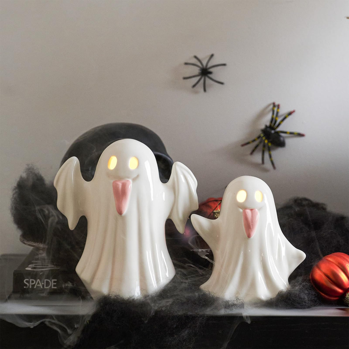 WDS WONDROUS Halloween Decor Light Up Ceramic Ghost Figurines – White Ghost with Pink Tongue Set of 2 – Fall Halloween Indoor Decorations for Home Table Office Desk Decor, Cute Ghost Statues