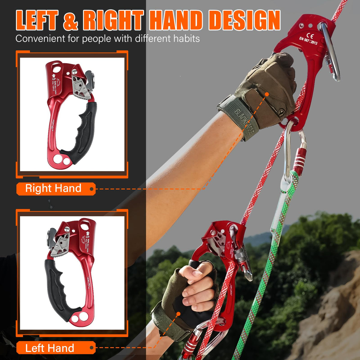 AOKWIT UIAA & CE Certified Rope Ascender Aluminum Alloy Rock Climbing Gear Strong Rigging Rappelling Equipment for Rock Tree Climbing Arborist Rescue Mountaineering Caving (Left Hand Red 1)
