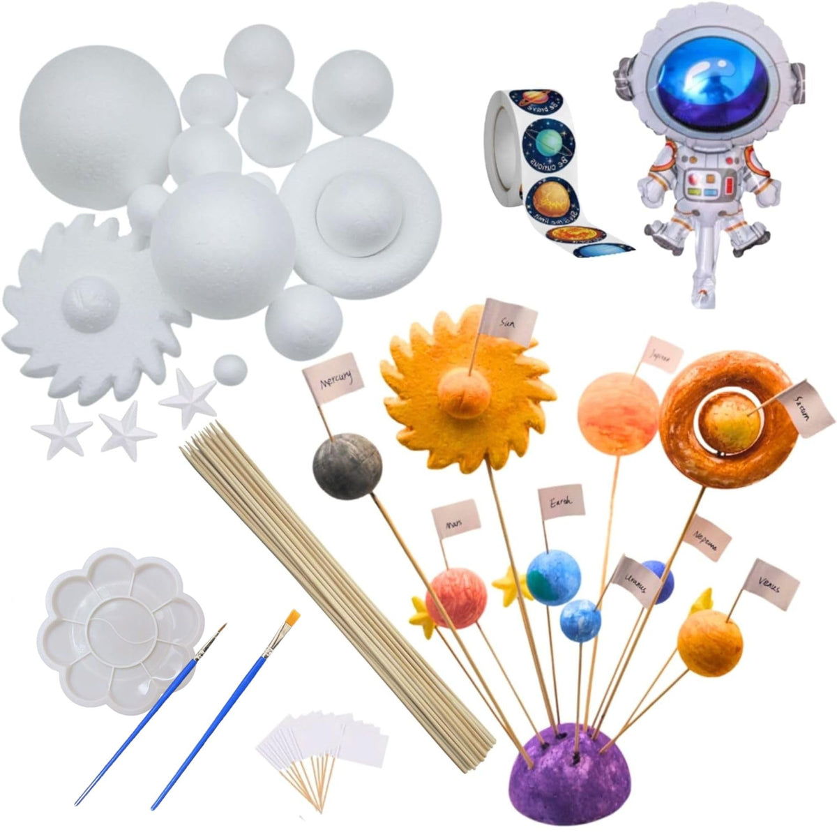 THINNGEN Solar System Model for Crafts, 54 Pack Solar System Project Kit Includes Polystyrene Foam Balls, Flags, Brushes, Sticks, Color Set, Mixing Tray, Stickers, Balloon for DIY Learn Planets