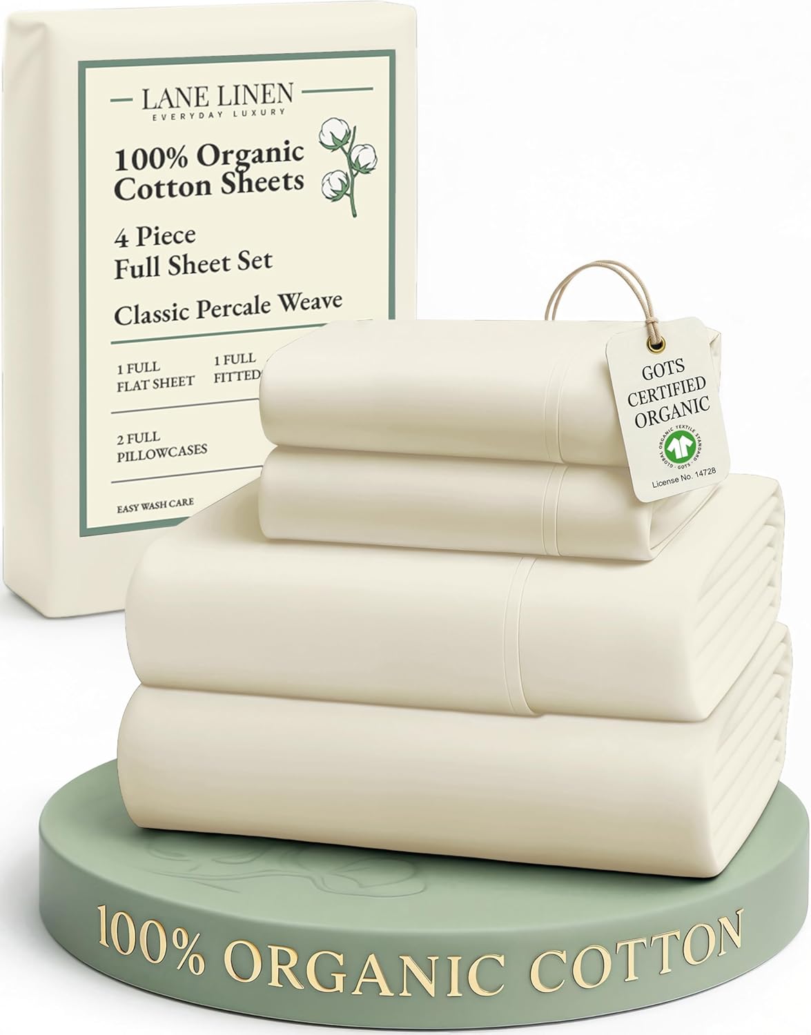 LANE LINEN 100% Organic Cotton Full Sheet Set - Ultra Soft Percale Bedding, Fits Mattresses Up to 15" Deep | Natural Color