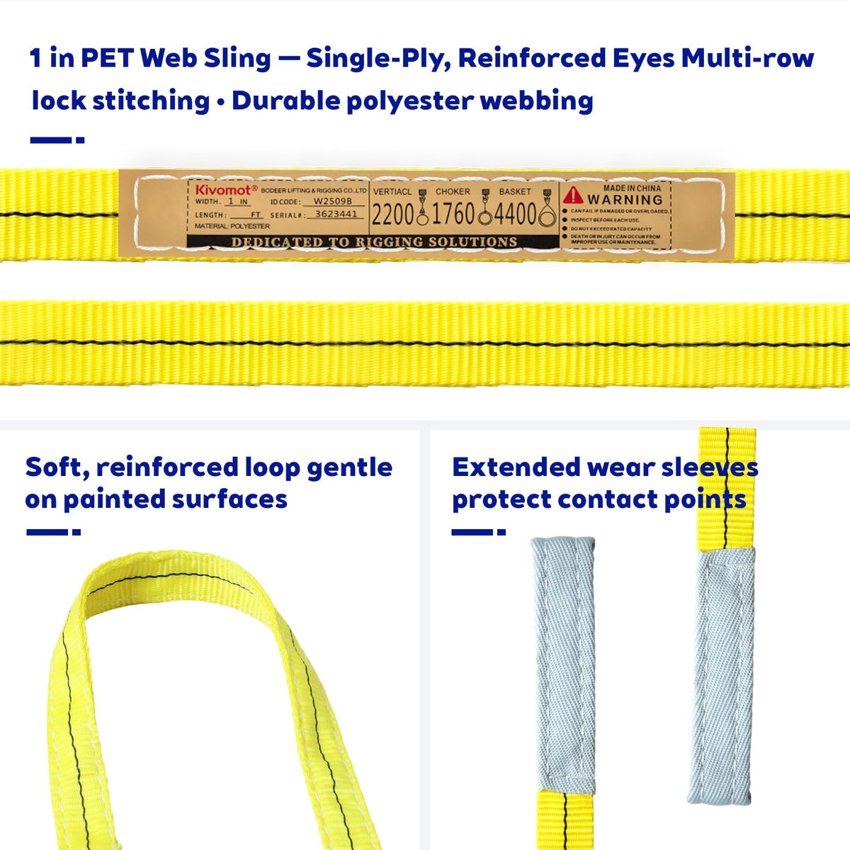 Kivomot Polyester Web Sling Lifting Straps, 2 Pack 6.5 FT x 1 in Eye and Eye Lifting Slings, Flat Rigging and Hoist Straps, WLL 2200 lb Vertical, 1760 lb Choker, 4400 lb Basket