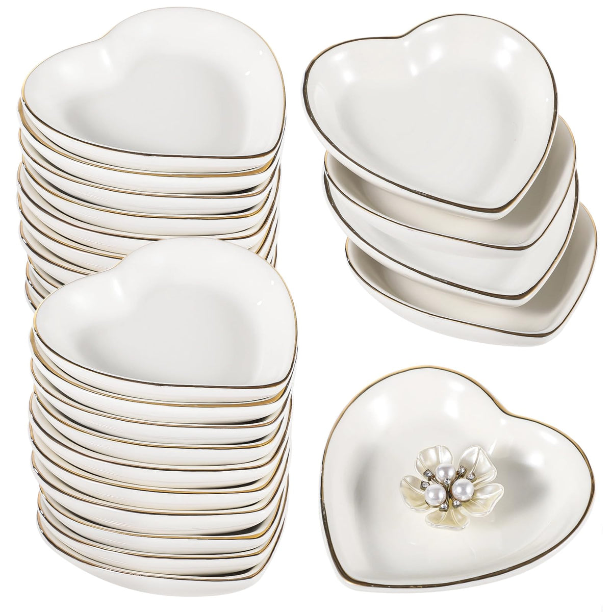 Toyosport 24 PCS Heart Shaped Trinket Dishes, Ceramic Jewelry Trays for Earrings, Necklaces, Bracelets, Engagement Wedding Ring Dish, Elegant Golden Edge