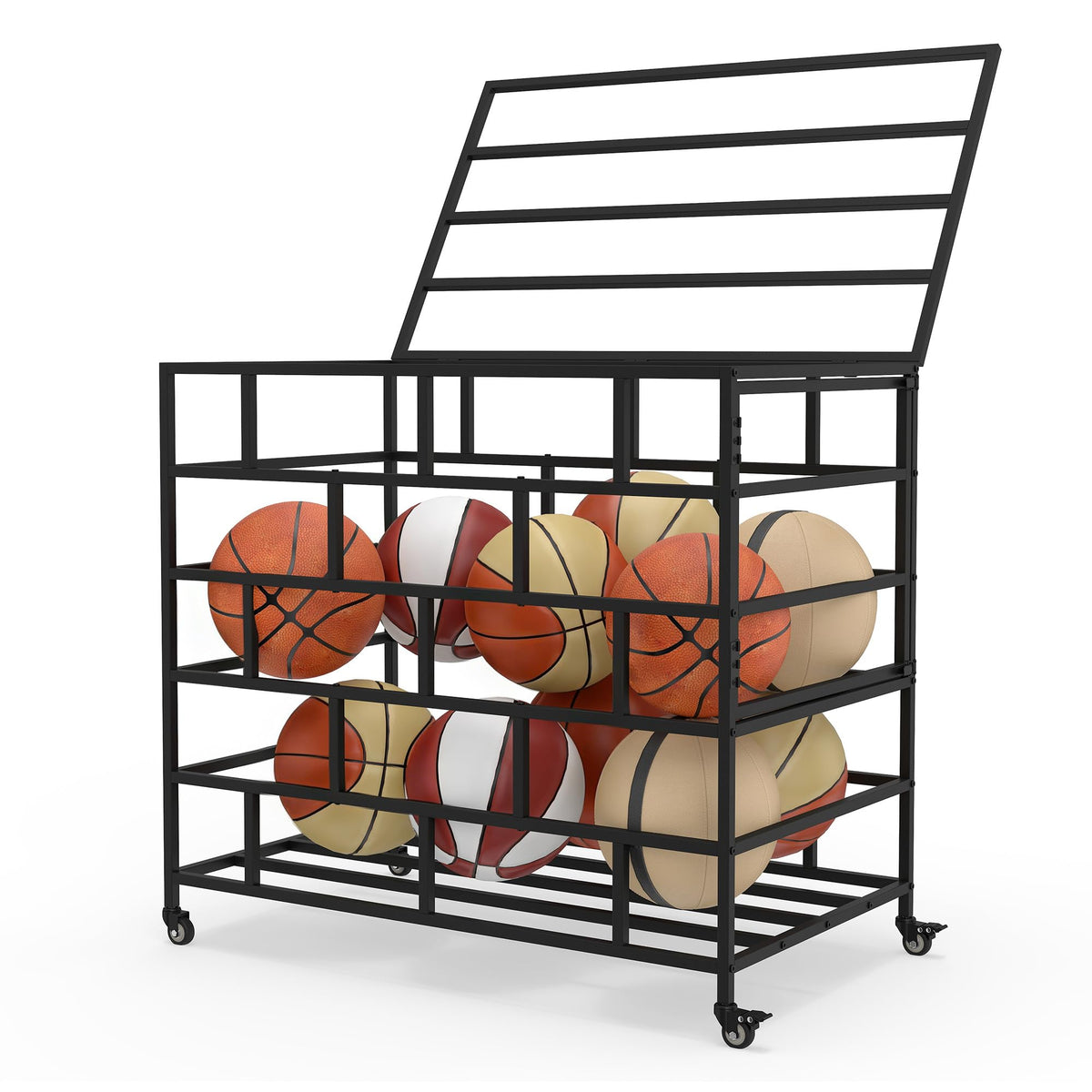 veonly Ball Storage Cart, Lockable Rolling Basketball Storage Bin & Organizer with Wheels, Secure Sports Exercise Ball Cart Holder for Gym, School, Club, Indoor Outdoor Use