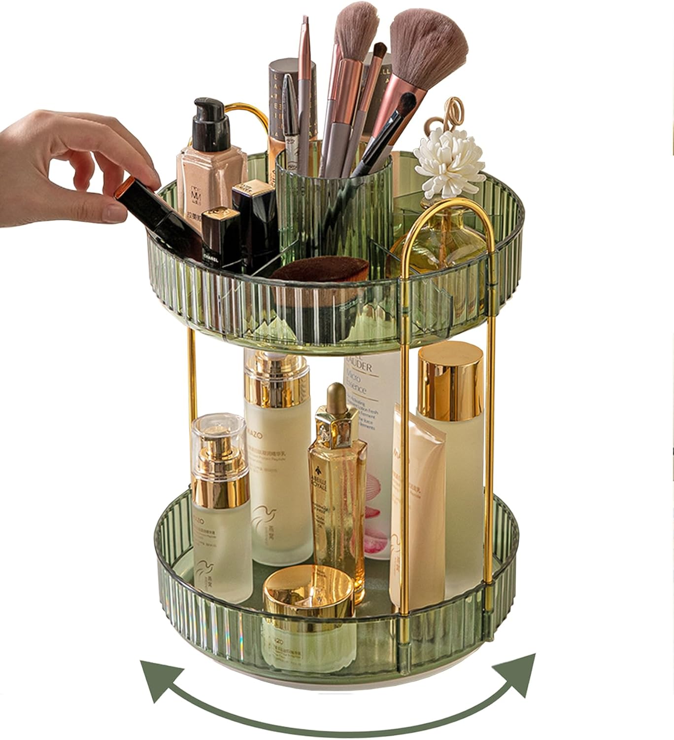 Asayuee 360 Rotating Makeup Organizer - Large Capacity 2-Tier Storage for Cosmetics & Skincare | Green