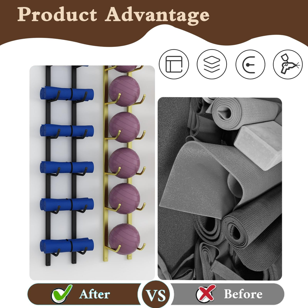 amhricho Yoga Mat Storage Rack, Wall Mounted Yoga Mat Holder, Large Capacity Storage Shelf, Multi-layer Storage, Home Hanging Storage Racks, Suitable for Home, Yoga Studio, Gym, School(Black,4-Tier)