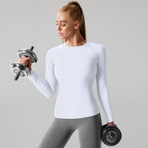 Coume 4 Pack Women's Compression Long Sleeve Shirts Crew Neck Workout Tops Quick Dry Gym Running Athletic Sports Underscrubs(Light Blue Light Pink White Black,Medium)