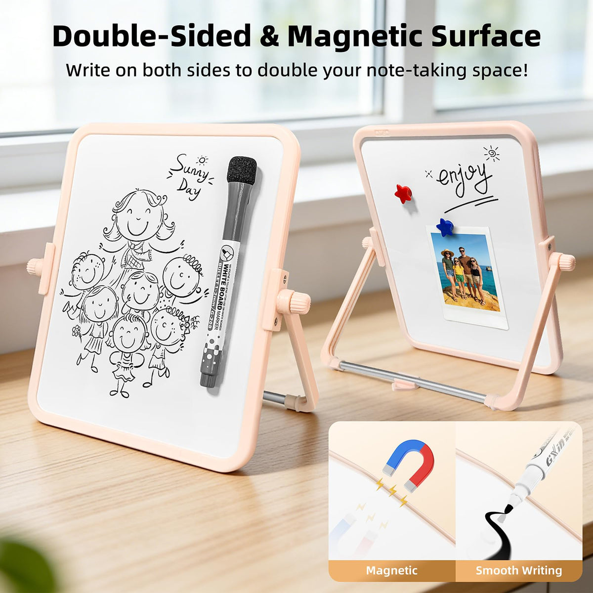 FUNISKETCH Colorful Dry Erase White Board 6.7x8.4in, Magnetic Desktop Board with Stand, 2 Markers (Eraser Head), 4 Magnets - Double-Sided Easel for Daily Planning, Memo, Office/Home/School (Pink)