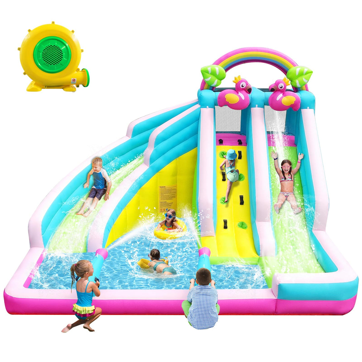 Inflatable Water Slide, 6 in 1 Blow Up Water Park Aged 3-10, Flamingo Style Water Bounce House with Double Long Slides, Splash Pool, 580W Blower Waterslide for Kids and Adults Backyard