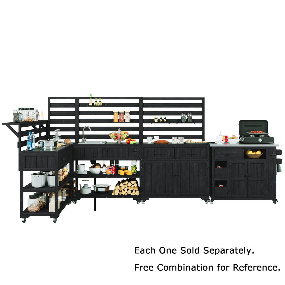 Merax Outdoor Extendable Kitchen Island with Storage, Stainless Steel Top Grill Table with Side Spice Rack, Solid Wood Kitchen Cart with Drawers and Storage Cabinet for Backyard, BBQ, Party