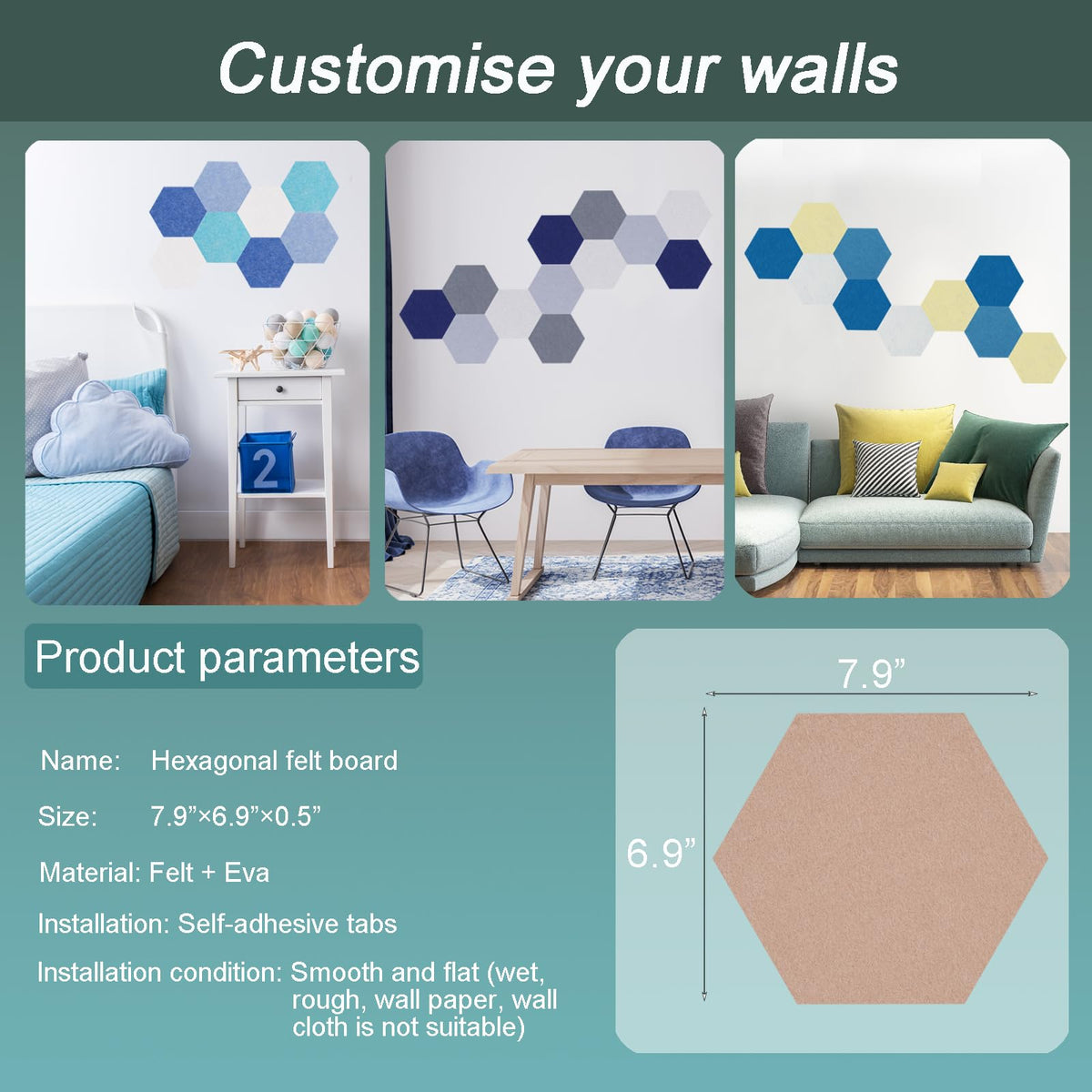 Afumazi Felt Bulletin Board Tiles, 8 Pcs Hexagon Wall Tiles with Removable Adhesive, 7.9×6.9 Inch Cork Pin Board for Classroom, Home, Office (Set C, Middle)