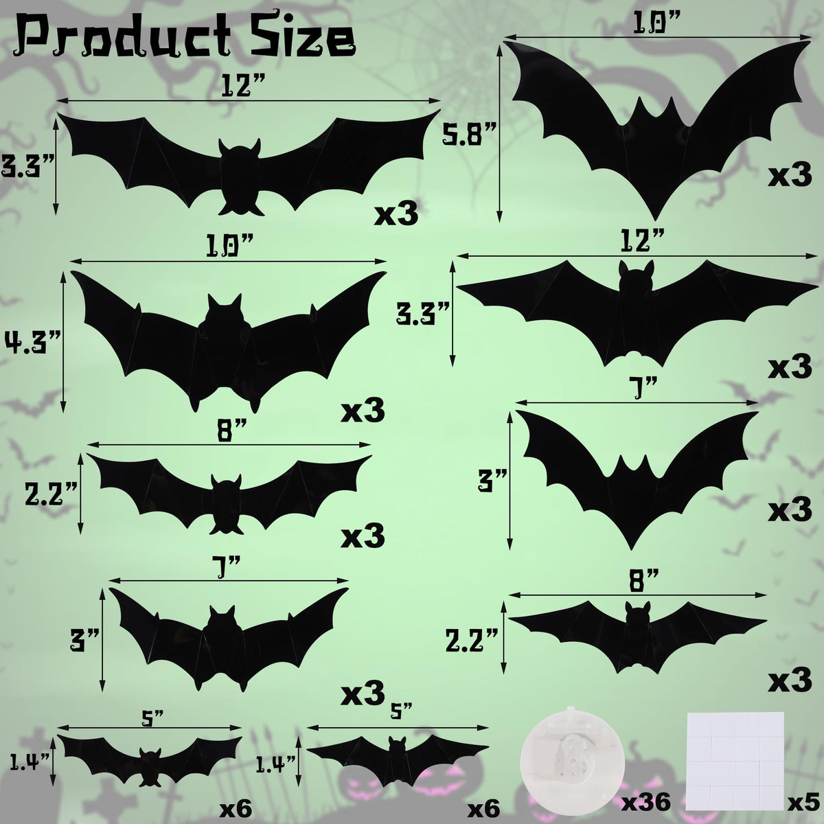 DR.DUDU 36 Pack Bats Halloween Decorations Bat Wall Stickers