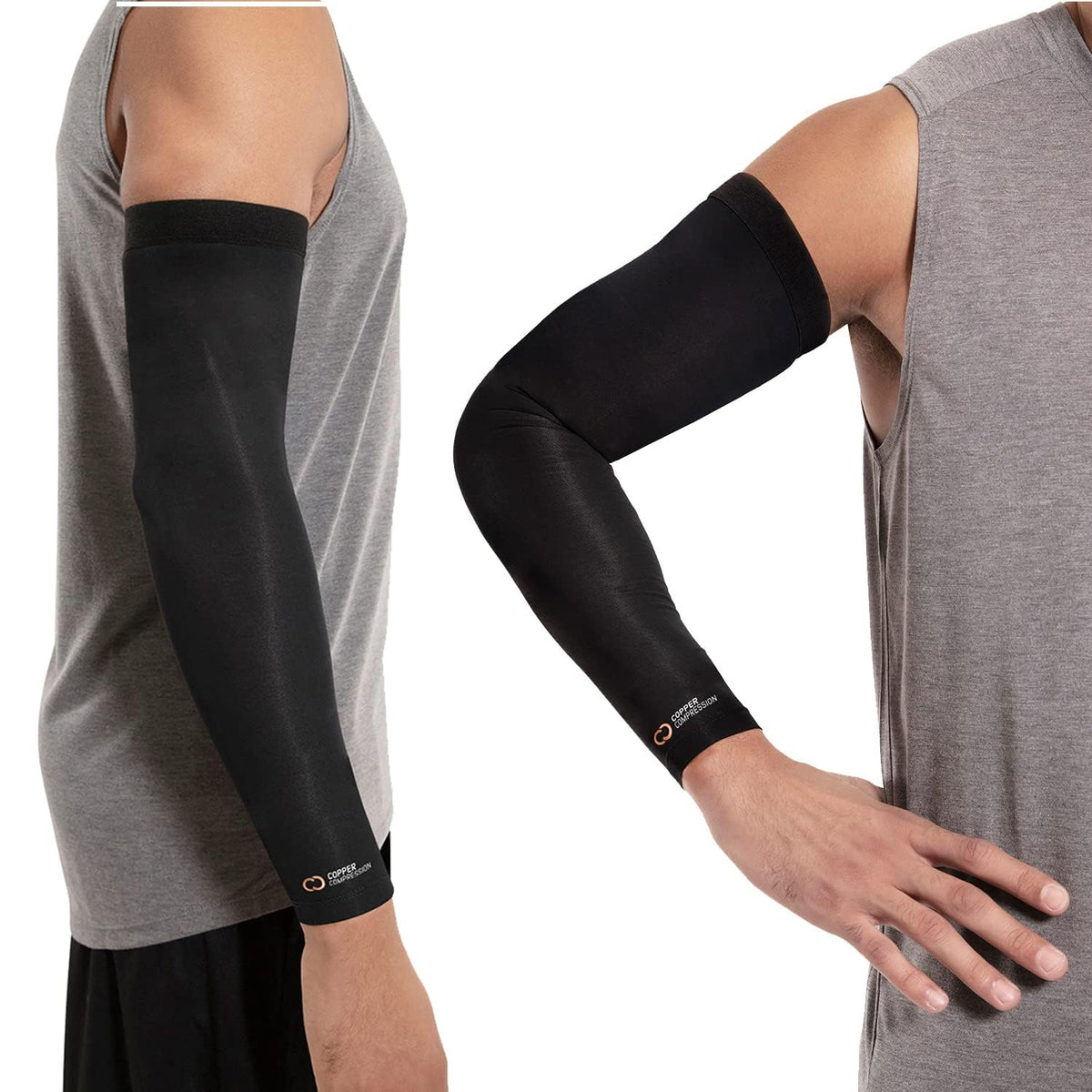 Copper Compression Arm Sleeve - Copper Infused Full Arm Brace for Forearm, Bicep, Triceps - Tennis Elbow, Basketball, Golf, Arthritis, Tendonitis, Bursitis, Post Surgery Rehab - Odor Resistant - Black - M