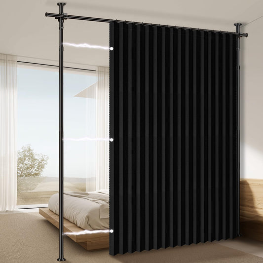 100% Blackout Room Divider Curtains Sets Black 1 Panel W100 x L84in No Drill Curtain Rods(H) 43-120×(W) 35-100 in for Bedroom Privacy Partition Separator