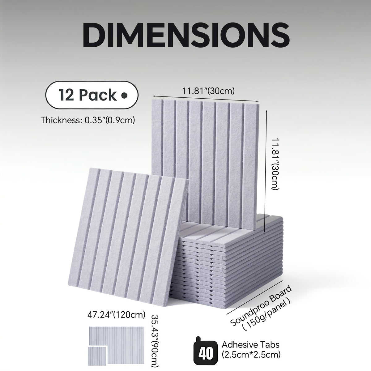 Slat Felt Wall Tiles (12 Pack) - 11.8"x11.8" Self-Adhesive Bulletin Board for Wall, Acoustic Panels for Sound Dampening, Modern Black Pin Board, Home Office Decor (30x30cm)