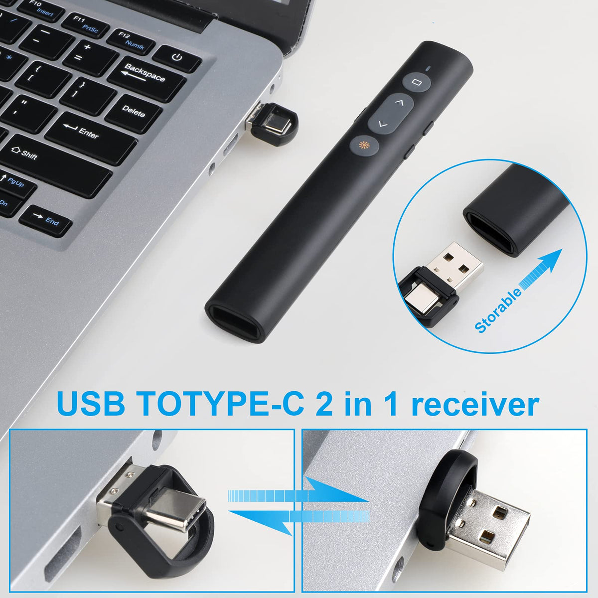 Presentation Clicker Presentation Remotes, Type C/USB A 2 in 1 Pointer, Remote PowerPoint Clicker,USB/Type-C for Computer Slide Advancer, Volume Control/Hyperlink/Switch Windows(Battery Included)