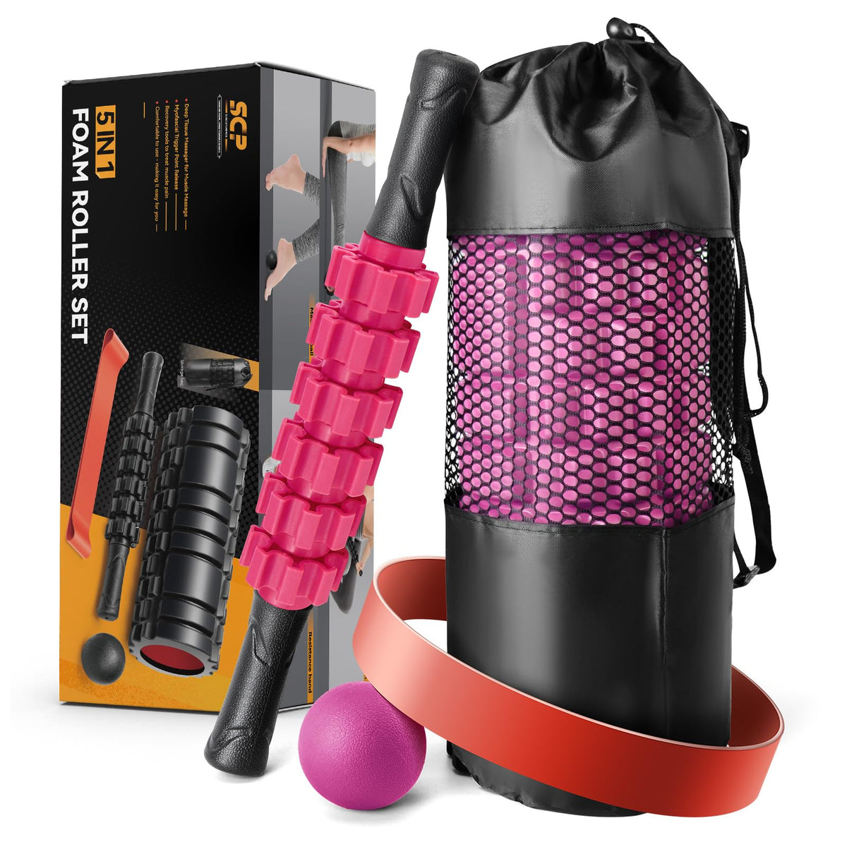5 in 1 Foam Roller Set for Deep Tissue Muscle Massage, High Density Fitness Exercise Foam Roller, Massage Roller, Massage Ball, Resistance Band, for Whole Body (Pink-Black)
