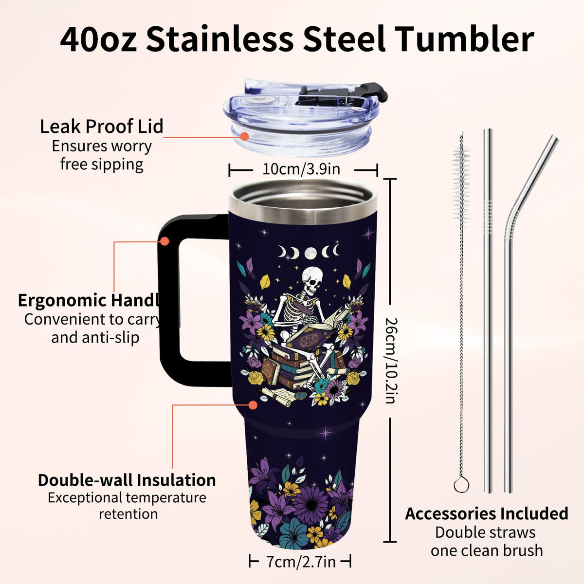 Book Lovers Gift for Women - Gothic Style Skeleton Reader 40 oz Tumbler with Handle and Straw, Stainless Steel Insulated Coffee Travel Cup for Women Men Reading Gifts Halloween Skull Birthday Gift