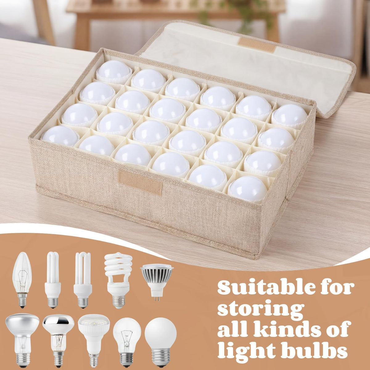Acellegic 2 Pcs Light Bulb Organizer Storage Box Ornament Storage with 30 Dividers Foldable Bulbs Organizer with Lid Sturdy PP Board Fits Various Standard Dustproof Fabric Case for Home Vbs (Beige)
