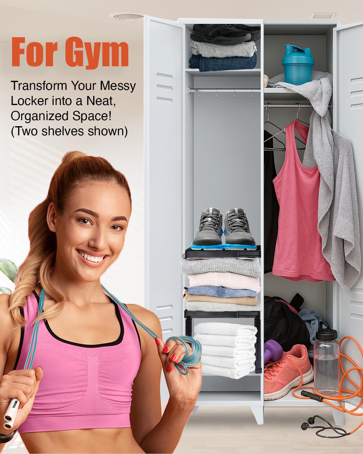 Piffny Locker Organizer Shelf， Adjustable Width and Height, Stackable, Ideal Locker Shelf for School, Office, Gym Lockers, or Even Kitchen Cabinets & Under Sink Organization(White 2 Pack)