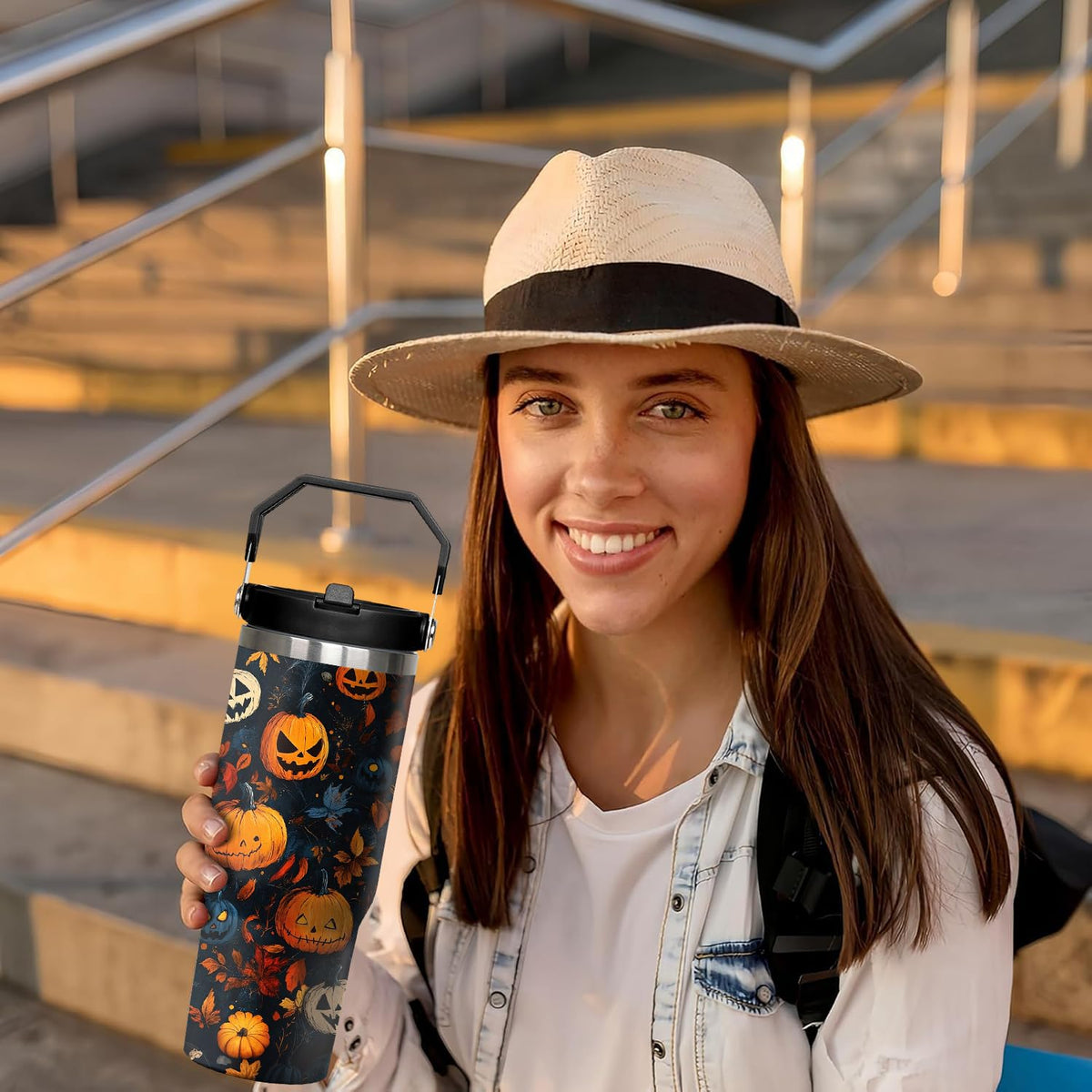 30 oz Halloween Pumpkin Tumbler with Handle and Flip Straw, Horror Scary Maple Leaves Spooky Coffee Mug Water Bottle Stainless Steel Cup, Birthday Gifts