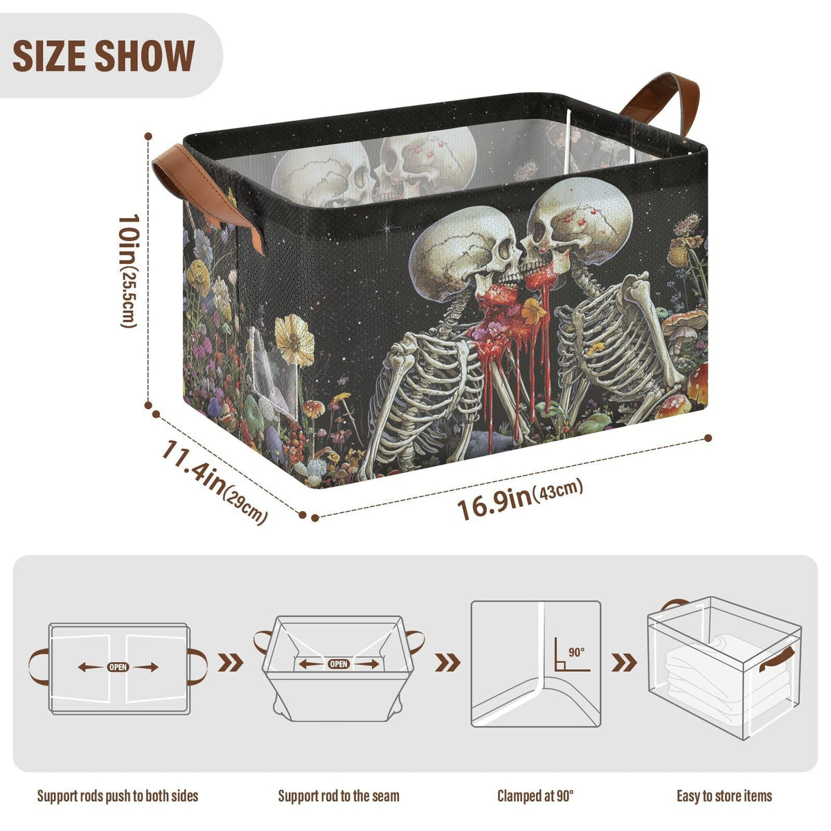 Black Skeleton Gothic Storage Bins for Shelves with Labels&Handles Halloween Organizer Bin Foldable Rectangle Storage Basket Black Goth Skull Boxes for Closet, Bathroom, Home, Living Room, Laundry