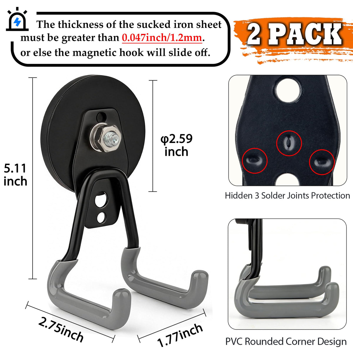 ULIBERMAGNET New Upgraded Heavy Duty Magnetic Hooks,Strong Large Magnet Hooks for Power Drill,Garden Tools, Hose,Pegboard,Garage,Workshop,2 Pack Magnetic Storage Hooks for Indoor Outdoor Hanging(Gray)