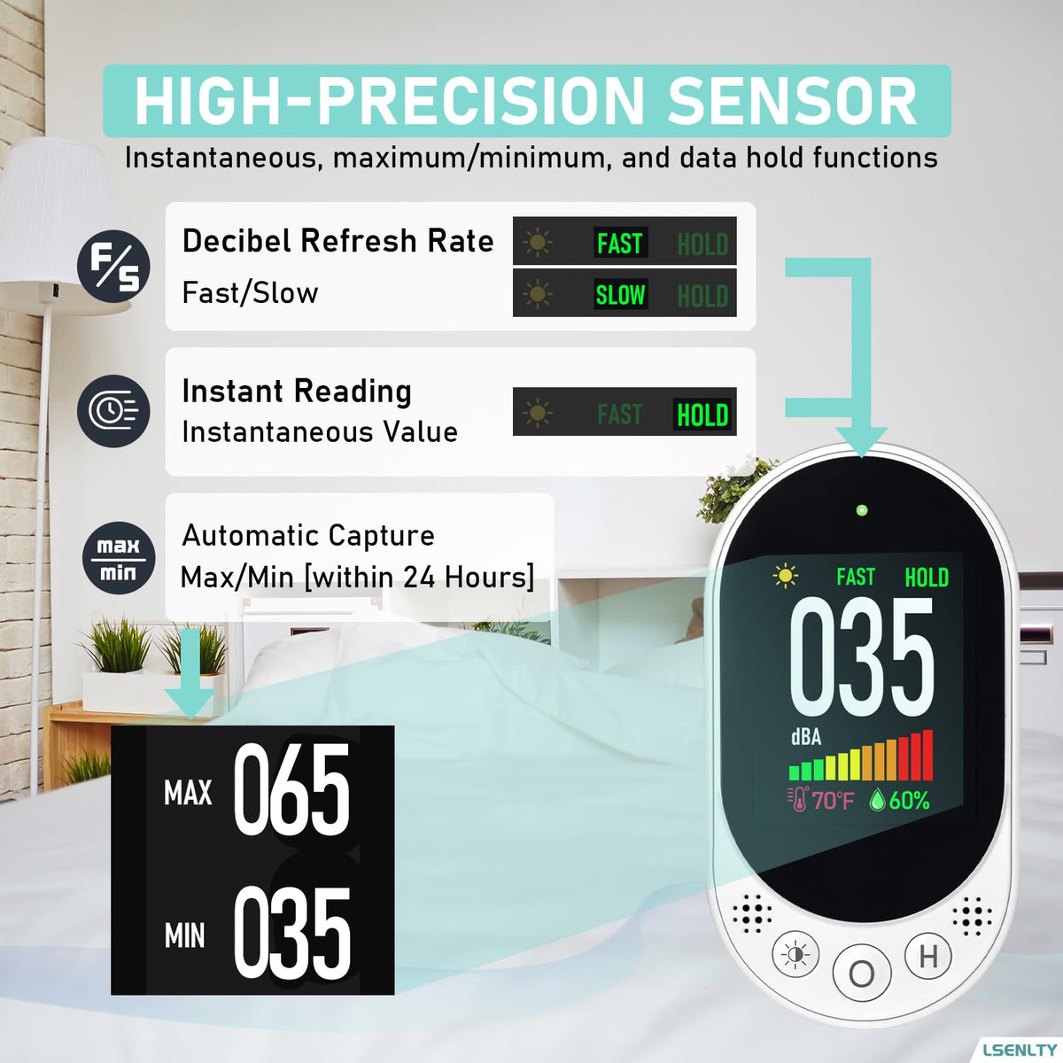 LSENLTY Decibel Meter Plug-in Wall, 30-130dBA Sound Level Meter, Data Hold&Max/Min&Fast/Slow Response 3-in-1 Noise Detector(TEM&Humidity), A-Weighted Noise Measuring Device for Classroom Home Library
