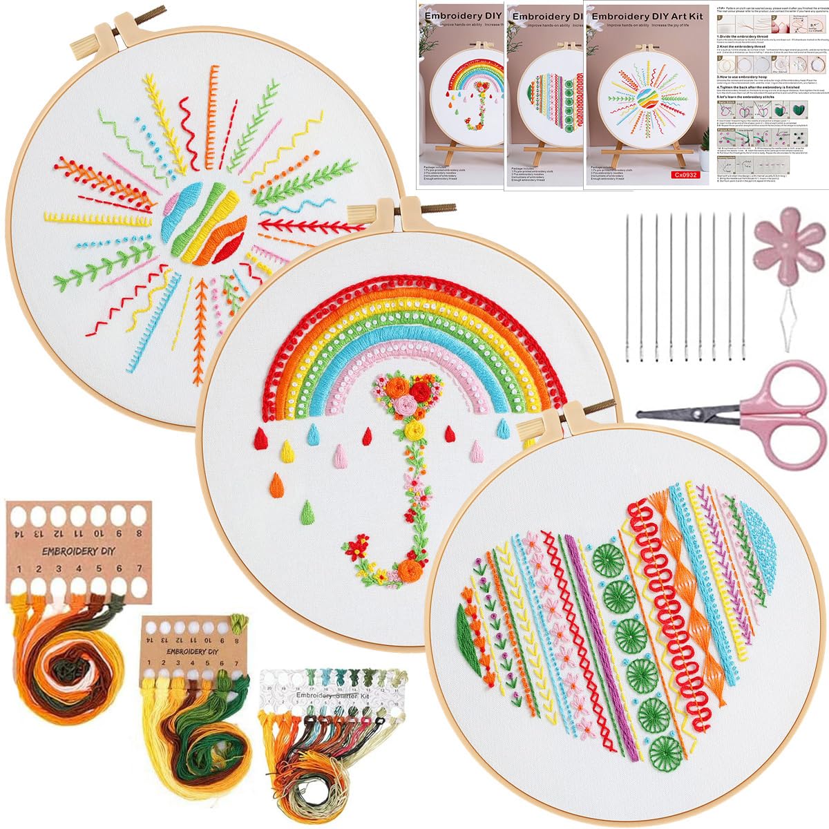 Konrisa Easy Embroidery Kit for Beginners Stamped Embroidery Starter Kit DIY Sewing Needlepoint Cross Stitch for Adults, Stitch Practice Kit 3 Embroidery Fabric Pattern