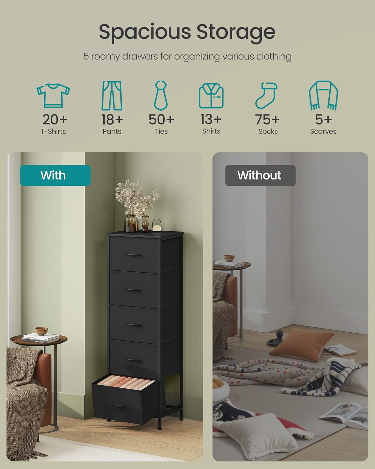 SONGMICS Dresser - Stylish Chest of Drawers with 5 Non-Woven Fabric Bins | Ink Black & Ebony Black