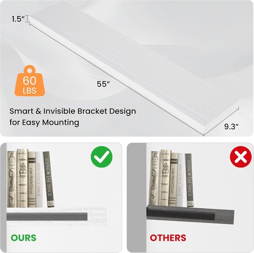 FLYJOE Floating Wall Shelves - Long Wooden Display Shelf with Invisible Brackets | 55"W x 9.3"D x 1.5"H, White