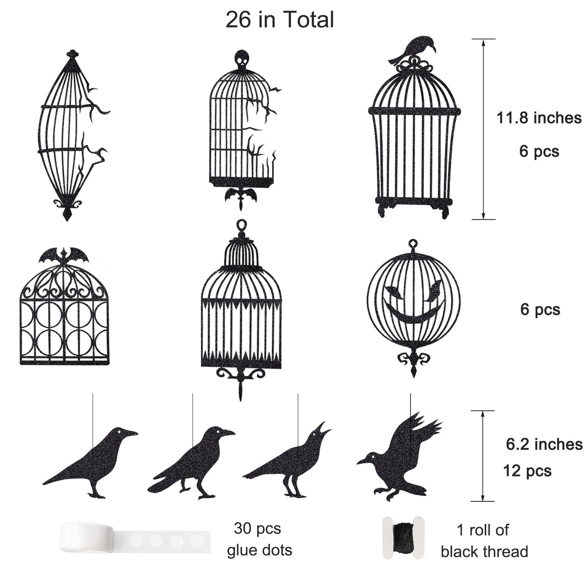 Cheerland Glitter Black Crow Cage Halloween Decorations Bird Raven Hanging Banners for Gothic Halloween Garland Backdrop Centerpiece Wall Cutouts for Horror Theme Birthday Wedding Yard Party Supplies