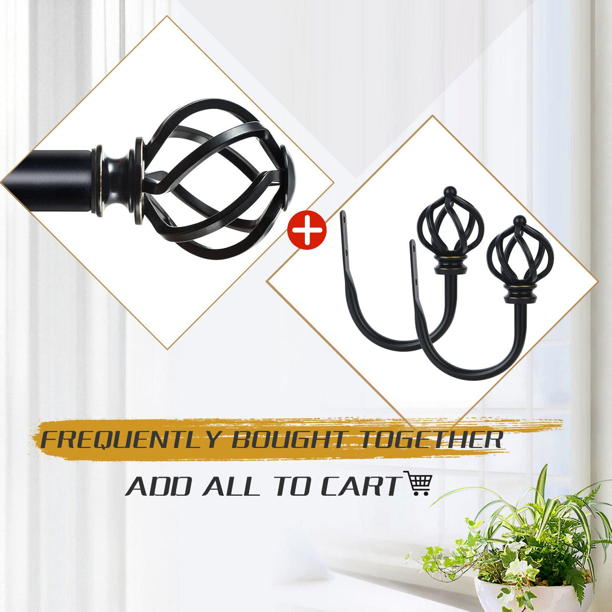 KAMANINA Decorative Curtain Drapery Holdbacks for Wall, Black Curtain Tiebacks Holders with Screws Wall Mounted for Drapes Window Home Decoration, Twisted Cage Finials, 1 Pair/2 Pack, Small