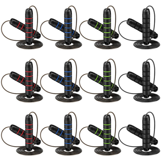 Junkin 12 Pieces Jump Ropes for Fitness with Ball Bearings Speed Jumping Adjustable Skipping Rope with Foam Handles Exercise Stuffer for Men Women Cardio Training Slim Body(Red, Green, Black, Blue)