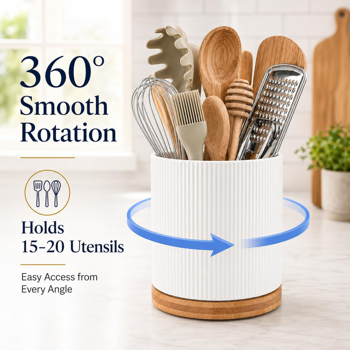 QUELIEN Utensil Holder, 360° Rotating Ceramic Kitchen Utensil Holder for Countertop, 7.7" Utensil Crock for Kitchen Counter with Rotatable Wooden Base,Ideal Housewarming Gift & Mothers Day Gift