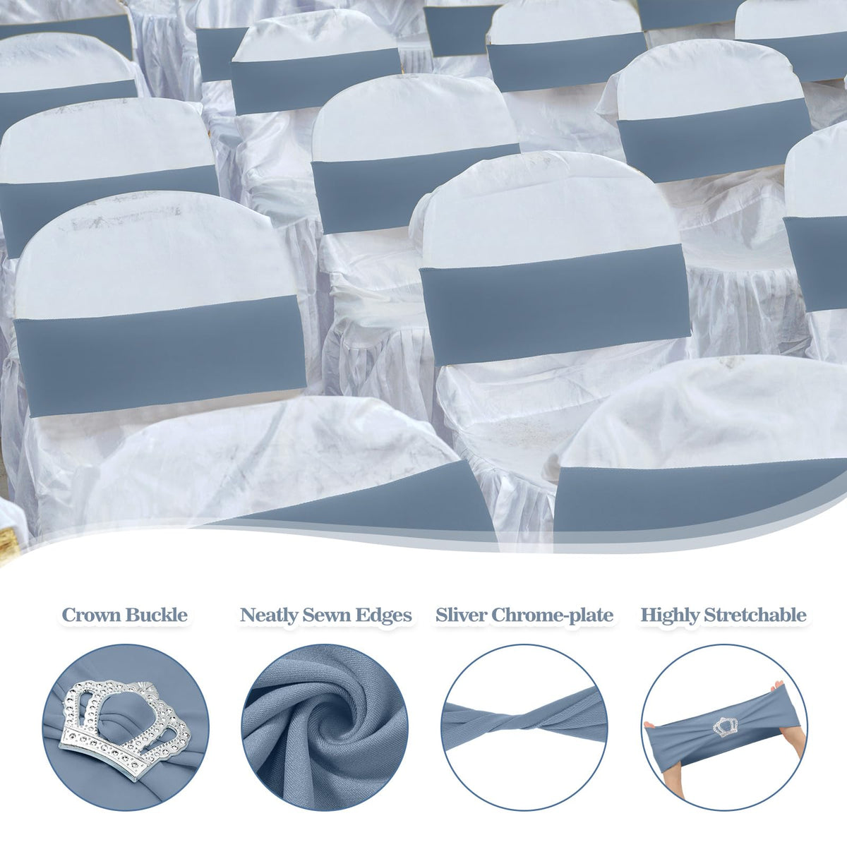 VitalCozy 100 Pcs Spandex Chair Sashes with Crown Buckle Slider Stretch Chair Bands Cover Ties for Wedding, Banquet, Gala, Corporate Event, Birthday Party, Baby Shower(Dusty Blue)