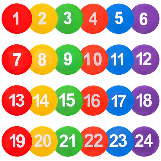 Okllen 24 Pack Poly Vinyl Spot Markers, 9 Inch Floor Dots Non-Slip Rubber Agility Dots, Flat Field Cones Circles for Training, Exercise Drills, Gym, Football, Basketball, 6 Colors