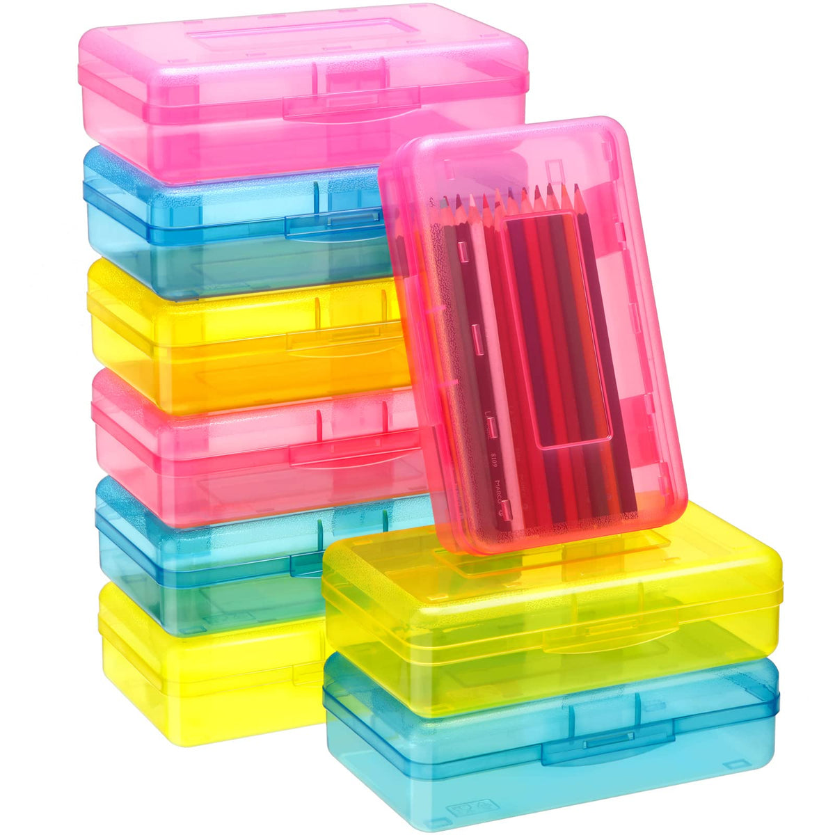 Fainne 24 Pack Pencil Boxes for School Clear Plastic Pencil Case Large Plastic Crayon Box Bulk Stackable Classroom Stationery Organizer School Supplies(Pink, Yellow, Blue)